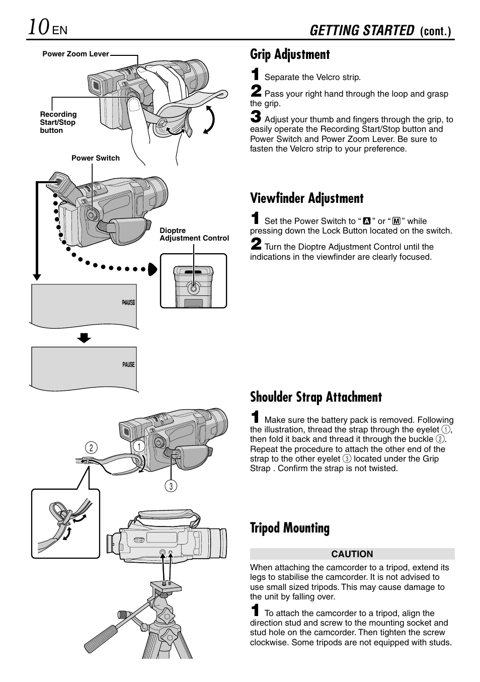 Getting started, Grip adjustment, Viewfinder adjustment | Shoulder strap attachment, Tripod mounting | JVC MINI DV GR-DVL120 User Manual | Page 10 / 64