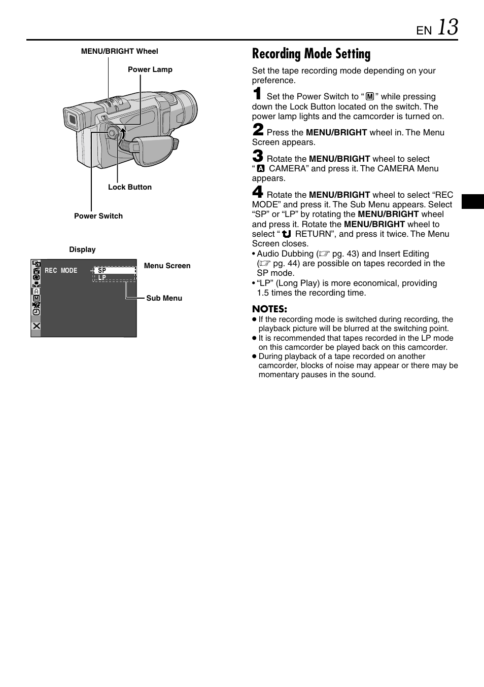 Recording mode setting | JVC MINI DV GR-DVL120 User Manual | Page 13 / 64