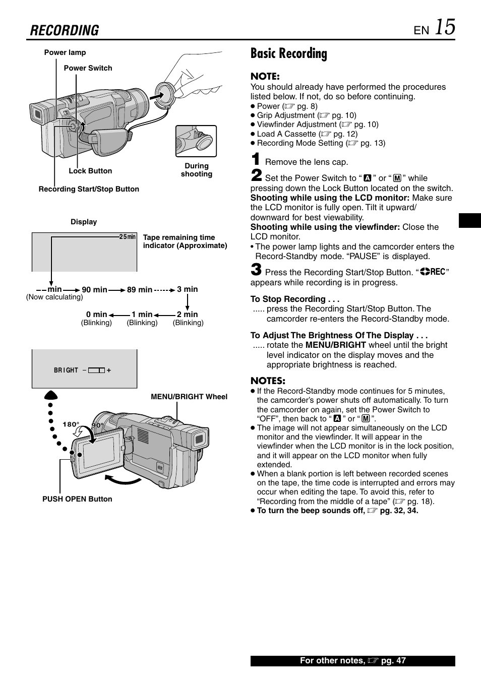 Recording, Recording basic recording | JVC MINI DV GR-DVL120 User Manual | Page 15 / 64
