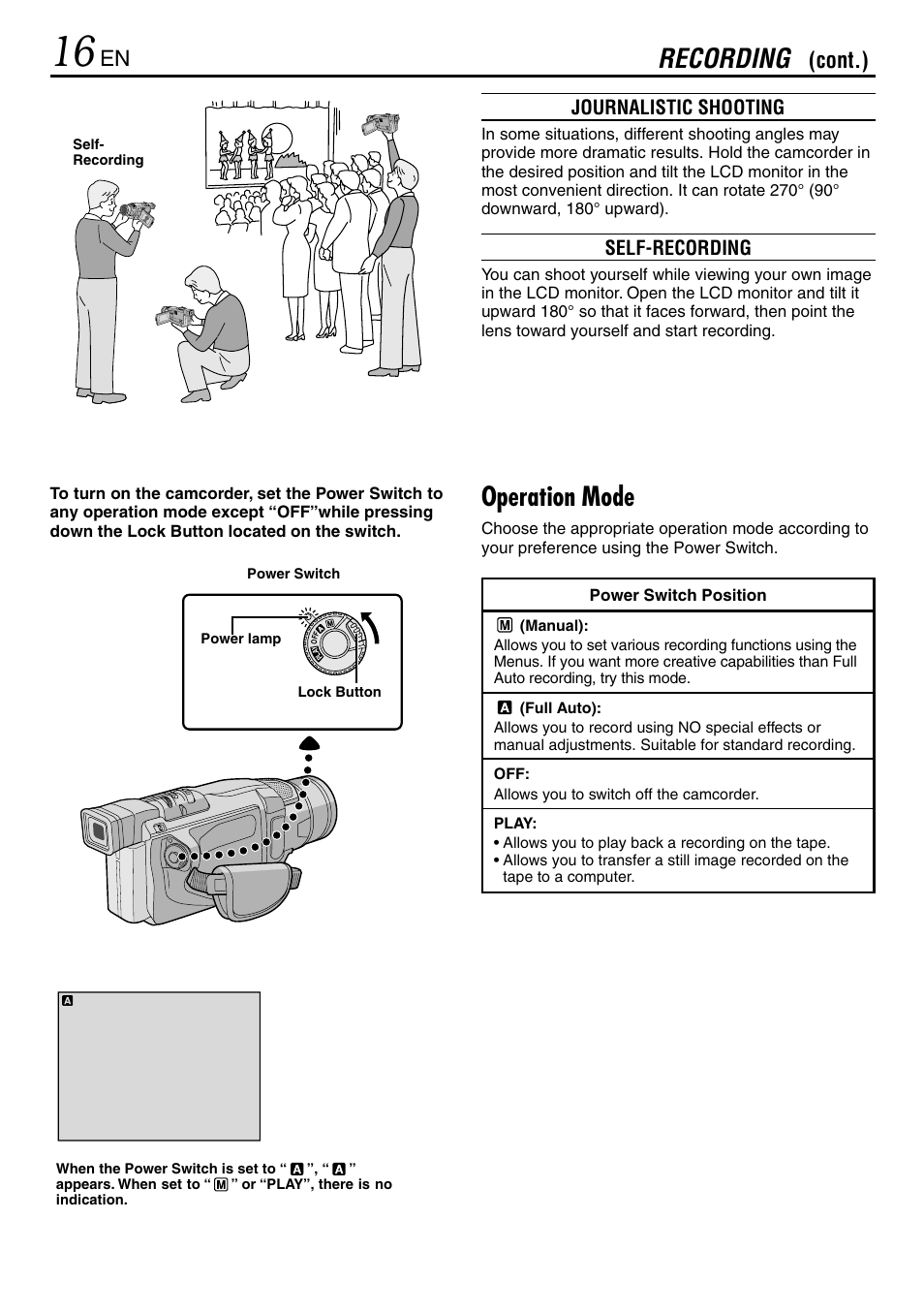 Recording, Operation mode, Cont.) | Journalistic shooting, Self-recording | JVC MINI DV GR-DVL120 User Manual | Page 16 / 64