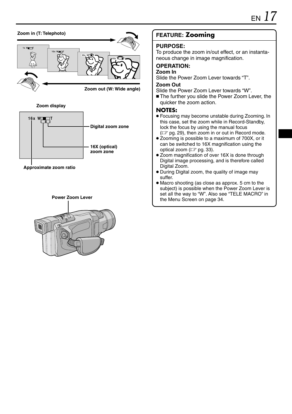 Zooming, Feature, Purpose | Operation | JVC MINI DV GR-DVL120 User Manual | Page 17 / 64