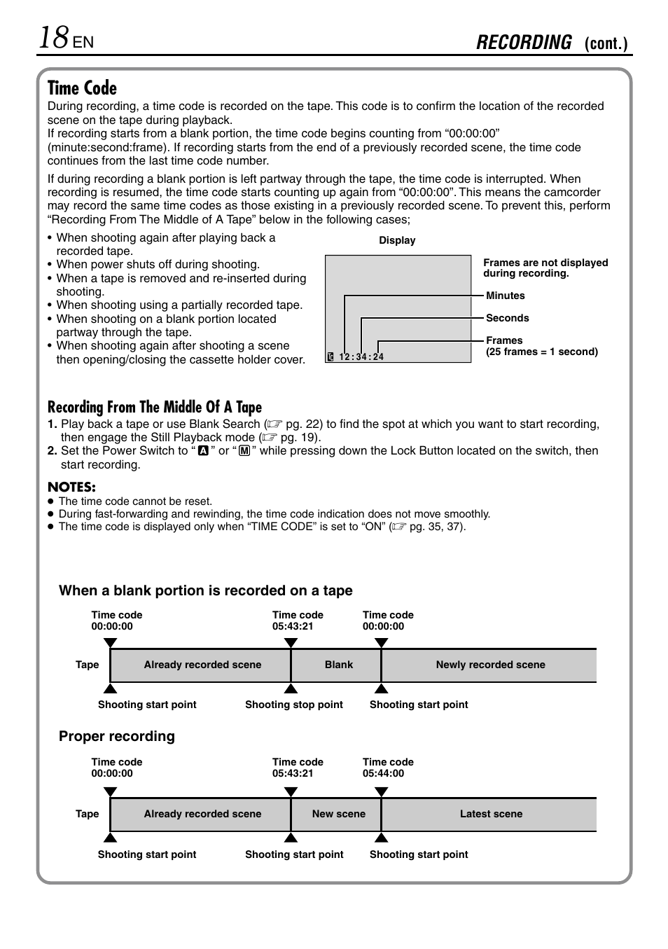 Time code, Recording, Recording from the middle of a tape | Cont.) | JVC MINI DV GR-DVL120 User Manual | Page 18 / 64