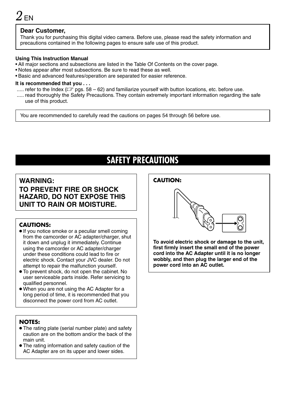 Safety precautions | JVC MINI DV GR-DVL120 User Manual | Page 2 / 64