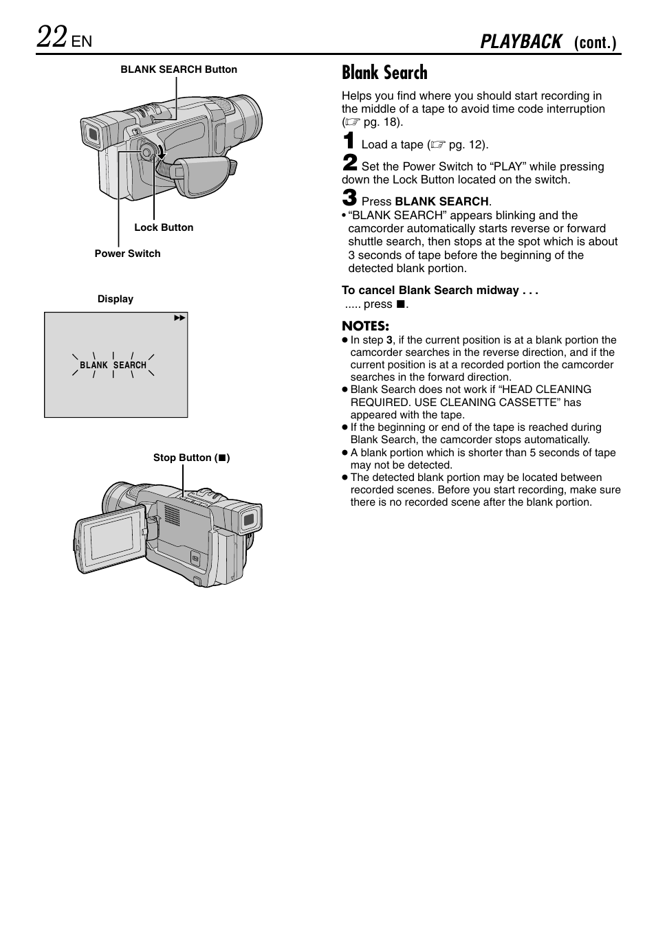 Blank search, Playback | JVC MINI DV GR-DVL120 User Manual | Page 22 / 64