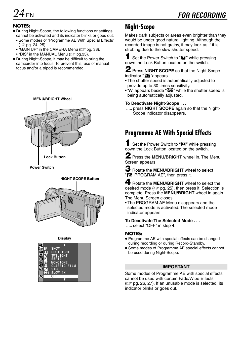 For recording, Programme ae with special effects, Night-scope | JVC MINI DV GR-DVL120 User Manual | Page 24 / 64