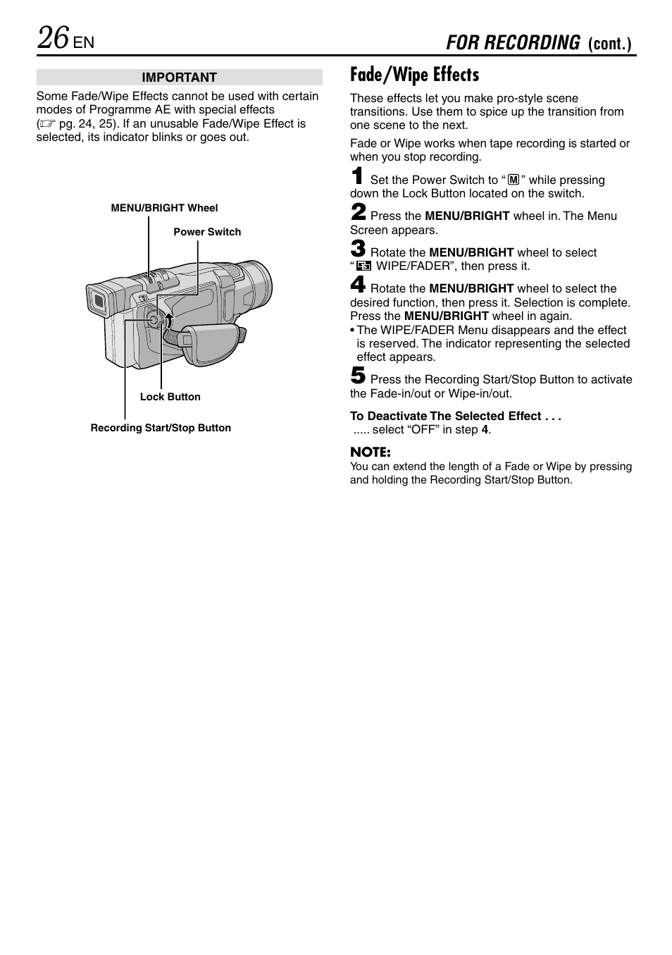 Fade/wipe effects, For recording | JVC MINI DV GR-DVL120 User Manual | Page 26 / 64