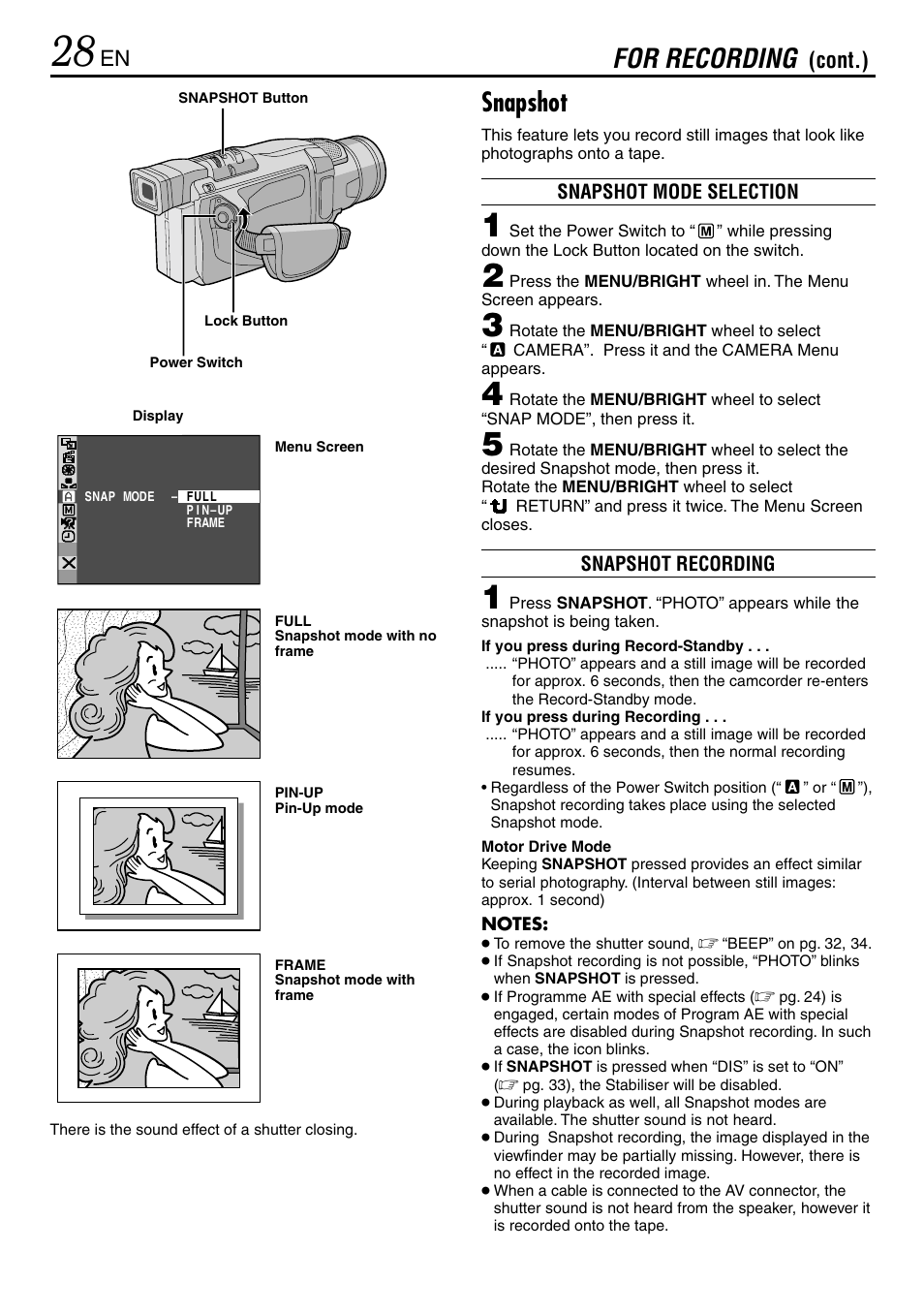 Snapshot, For recording, Cont.) | JVC MINI DV GR-DVL120 User Manual | Page 28 / 64