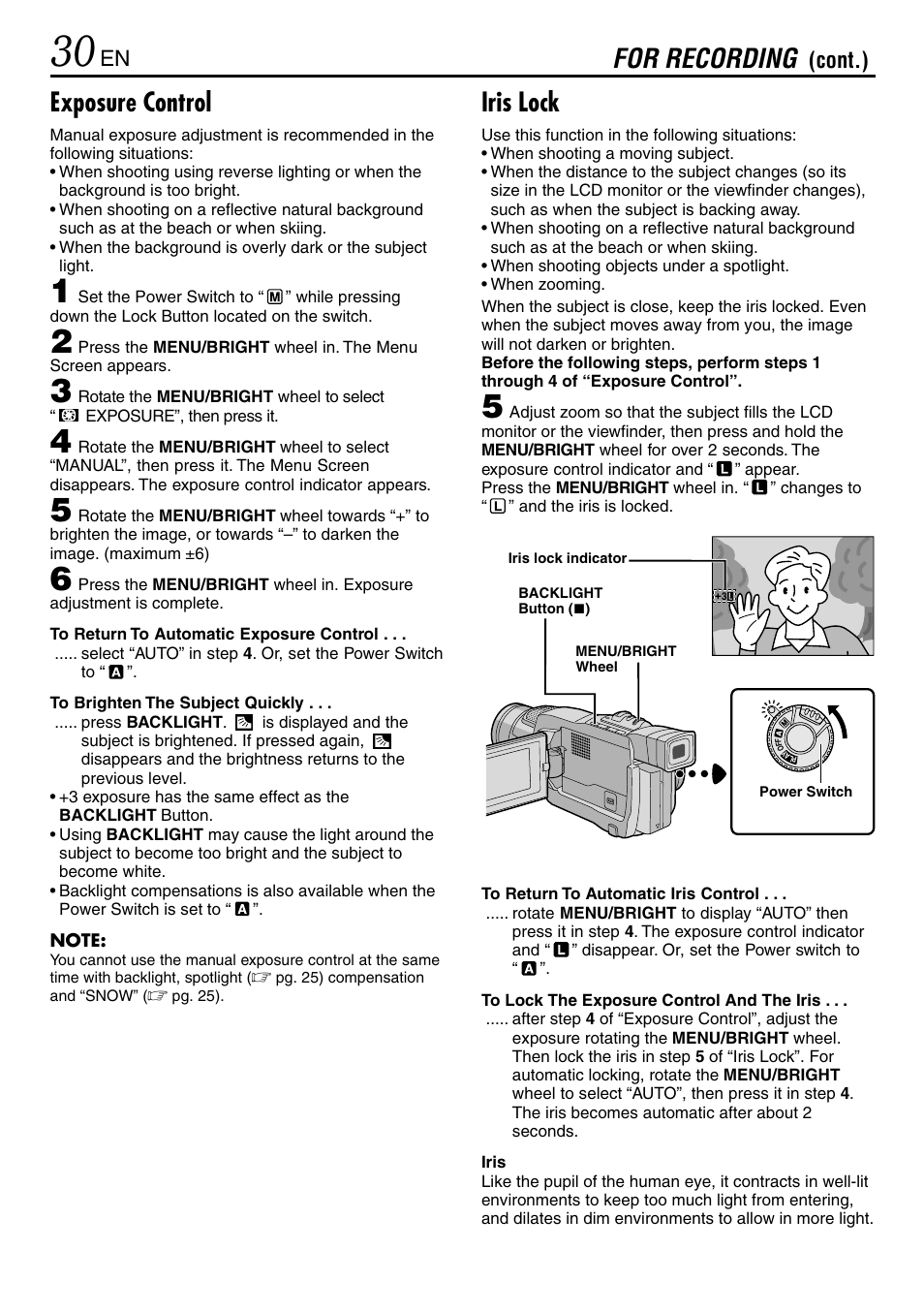 Exposure control, Iris lock, For recording | Cont.) | JVC MINI DV GR-DVL120 User Manual | Page 30 / 64