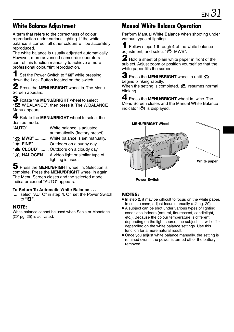 White balance adjustment, Manual white balance operation | JVC MINI DV GR-DVL120 User Manual | Page 31 / 64