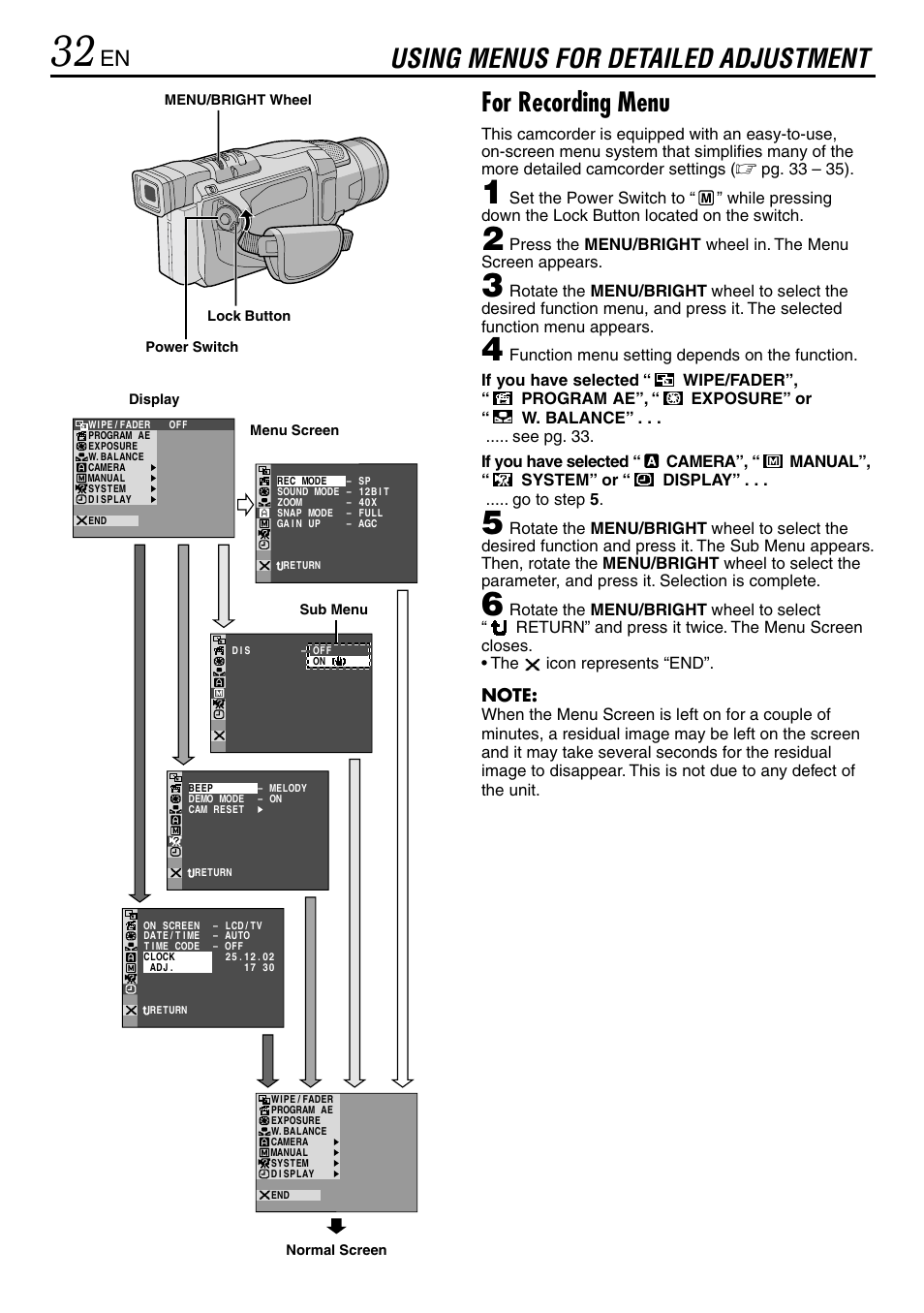 Using menus for detailed adjustment, For recording menu, Pg. 33 – 35) | JVC MINI DV GR-DVL120 User Manual | Page 32 / 64