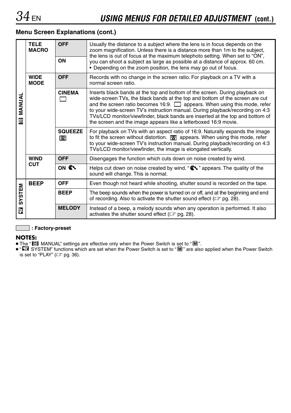 Using menus for detailed adjustment, Cont.) | JVC MINI DV GR-DVL120 User Manual | Page 34 / 64