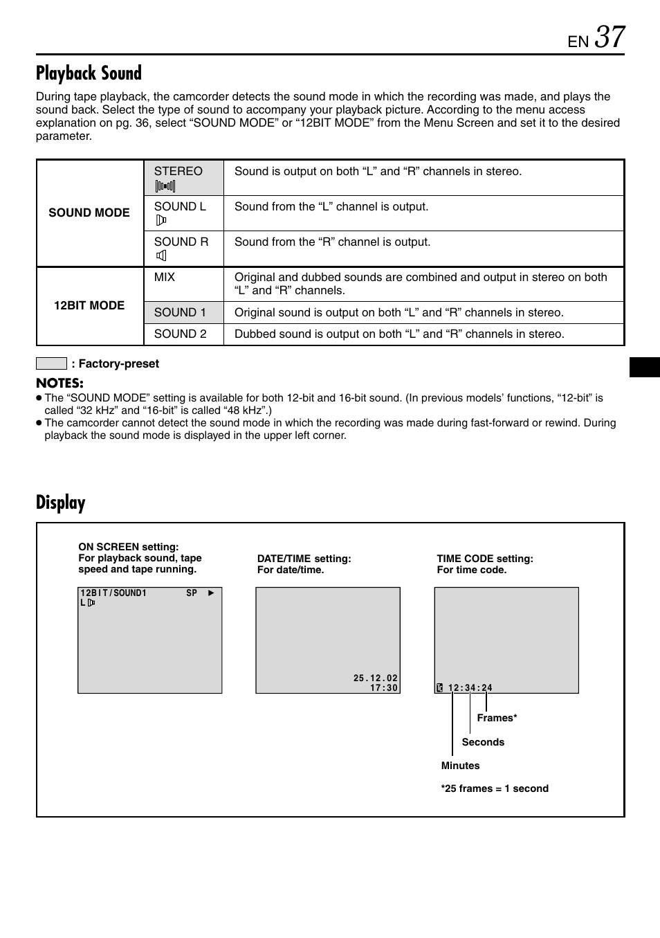 Playback sound, Display | JVC MINI DV GR-DVL120 User Manual | Page 37 / 64