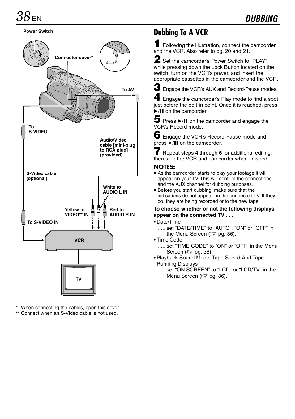 Dubbing, Dubbing dubbing to a vcr | JVC MINI DV GR-DVL120 User Manual | Page 38 / 64