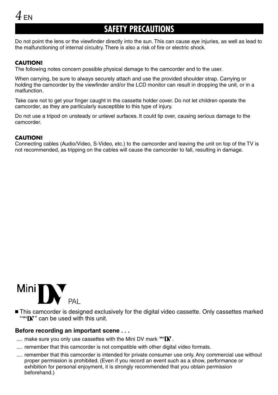 Safety precautions | JVC MINI DV GR-DVL120 User Manual | Page 4 / 64