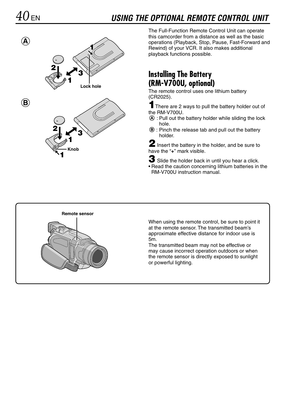 Using the optional remote control unit, Installing the battery (rm-v700u, optional) | JVC MINI DV GR-DVL120 User Manual | Page 40 / 64