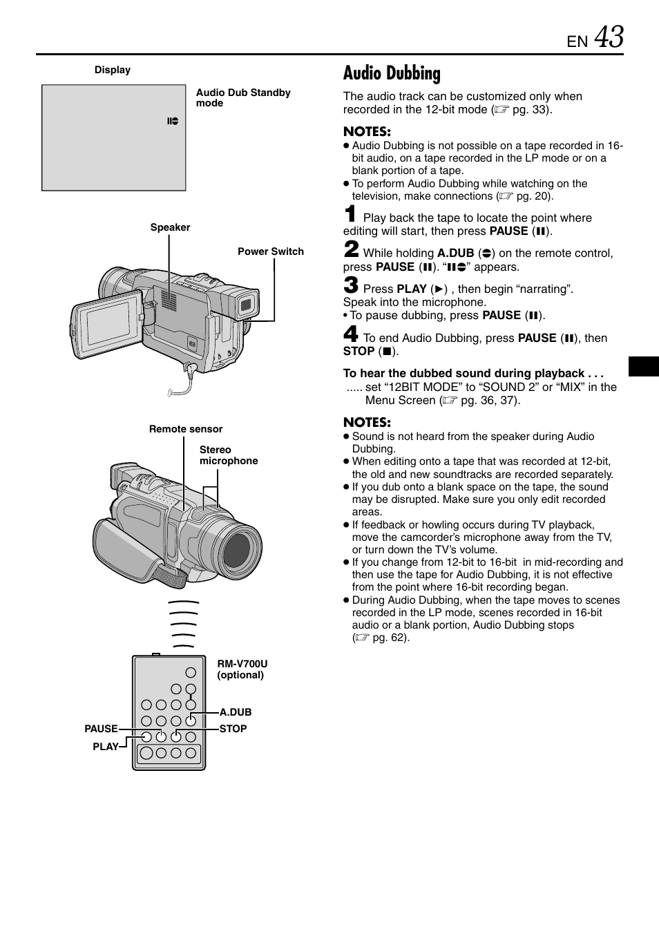 Audio dubbing | JVC MINI DV GR-DVL120 User Manual | Page 43 / 64