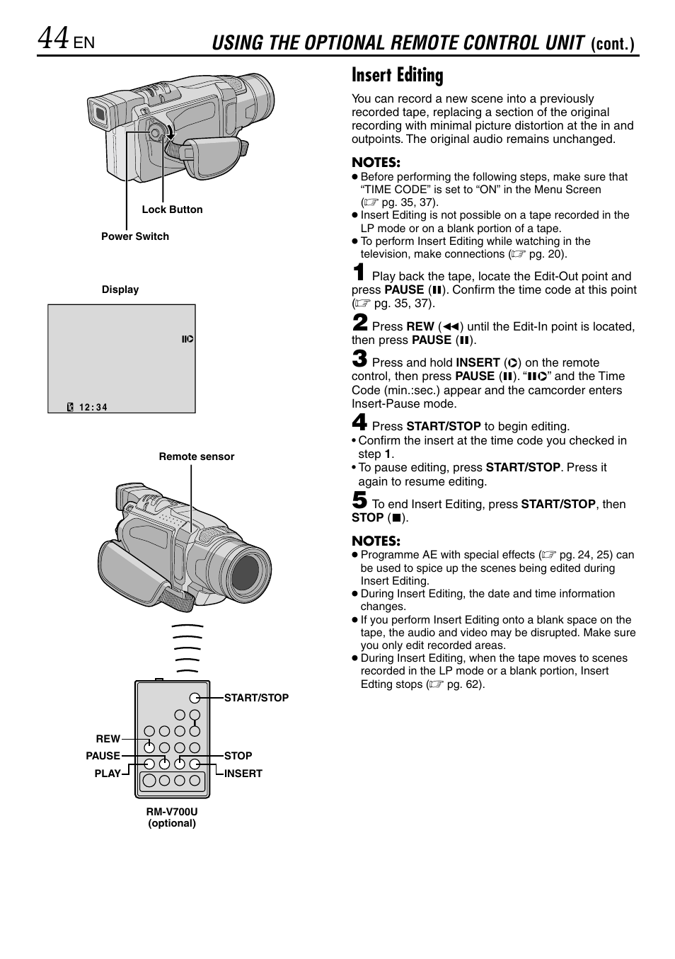 Insert editing, Using the optional remote control unit, Cont.) | JVC MINI DV GR-DVL120 User Manual | Page 44 / 64