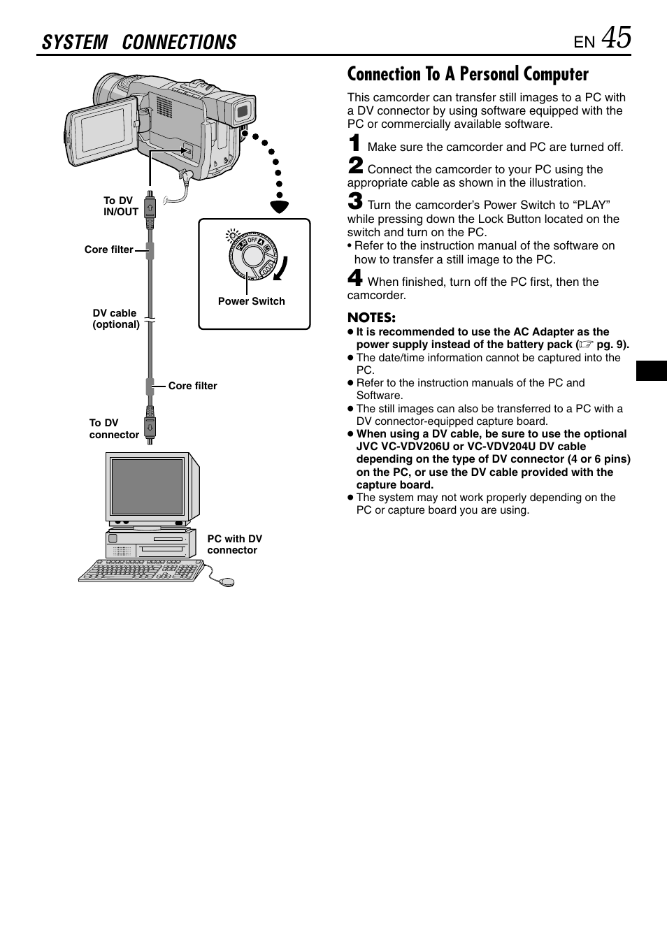 System connections, Connection to a personal computer | JVC MINI DV GR-DVL120 User Manual | Page 45 / 64