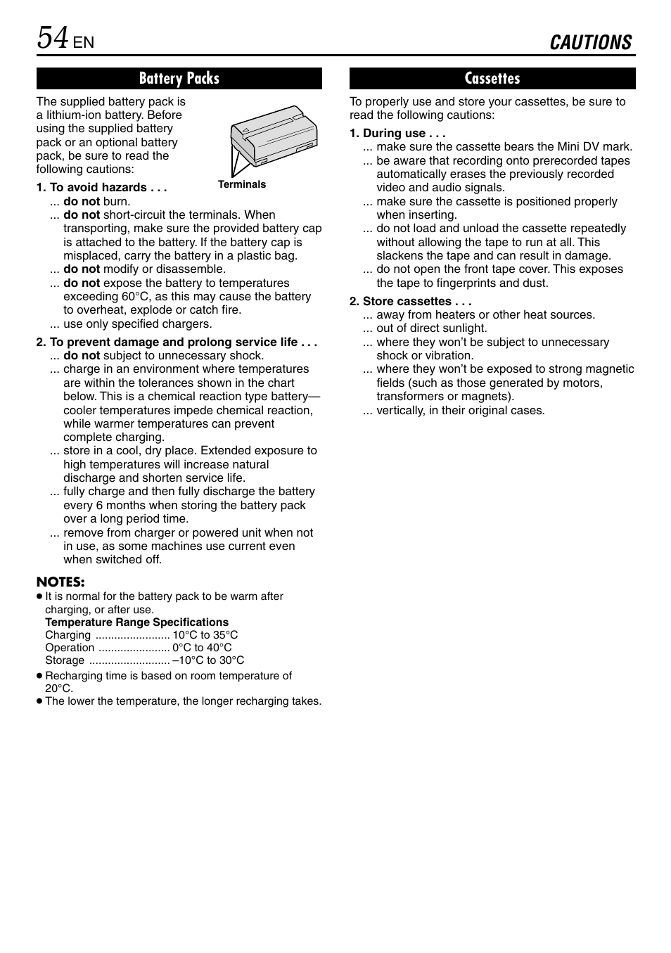 Cautions, Cassettes, Battery packs | JVC MINI DV GR-DVL120 User Manual | Page 54 / 64