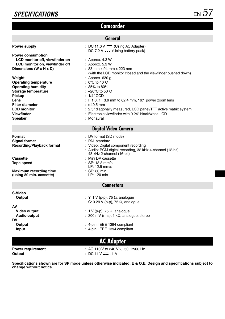 Specifications, Specifications camcorder, Ac adapter | General, Digital video camera, Connectors | JVC MINI DV GR-DVL120 User Manual | Page 57 / 64