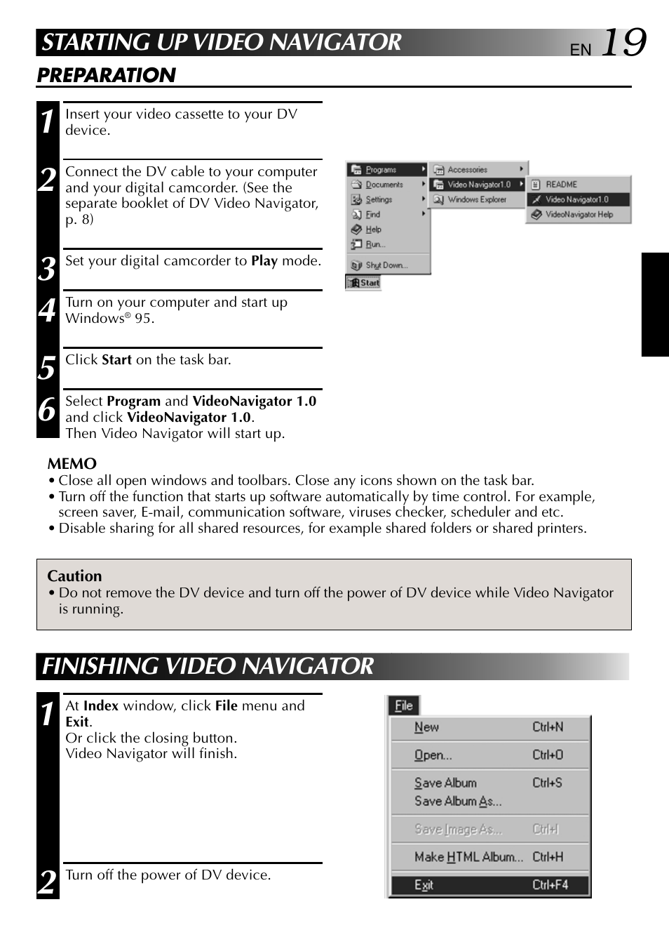 Starting up video navigator, Finishing video navigator | JVC VIDEO NAVIGATOR GV-DV1000 User Manual | Page 19 / 26