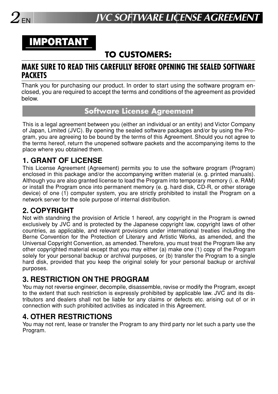 Jvc software license agreement, Important | JVC VIDEO NAVIGATOR GV-DV1000 User Manual | Page 2 / 26