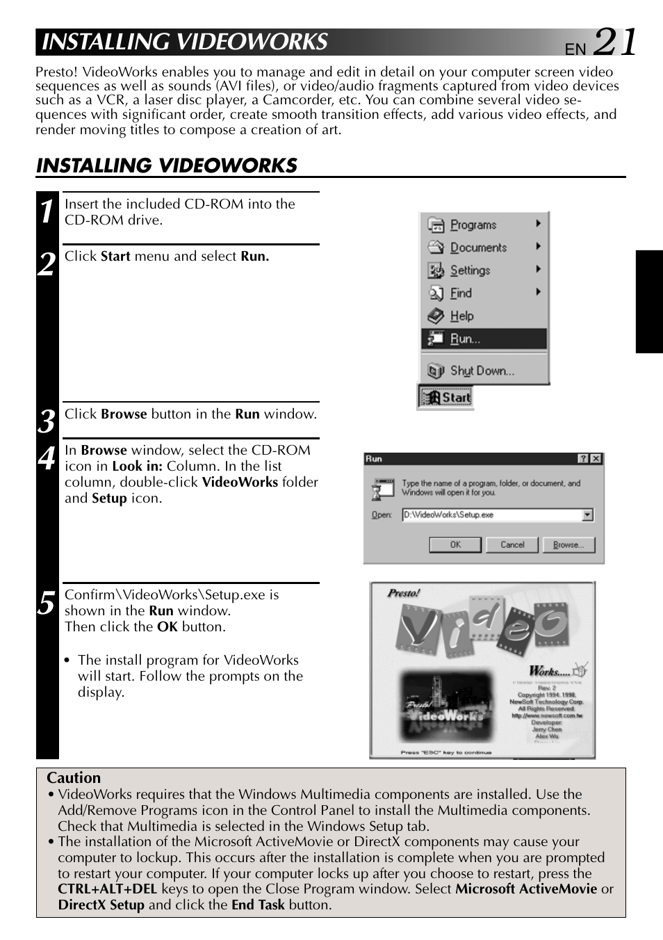 Installing videoworks | JVC VIDEO NAVIGATOR GV-DV1000 User Manual | Page 21 / 26