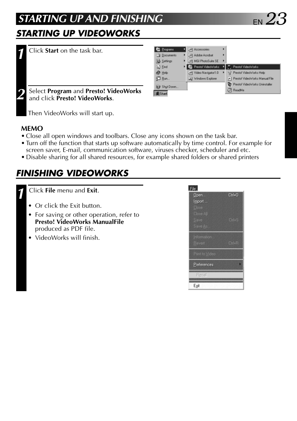 Starting up and finishing | JVC VIDEO NAVIGATOR GV-DV1000 User Manual | Page 23 / 26