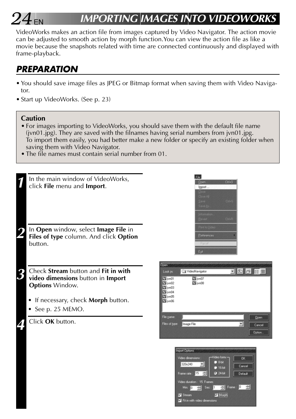Importing images into videoworks | JVC VIDEO NAVIGATOR GV-DV1000 User Manual | Page 24 / 26