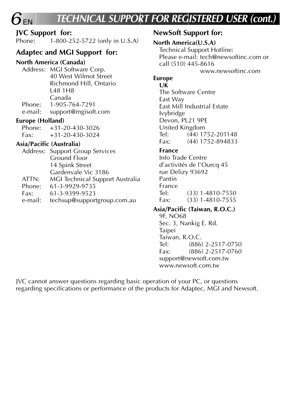Technical support for registered user (cont.) | JVC VIDEO NAVIGATOR GV-DV1000 User Manual | Page 6 / 26