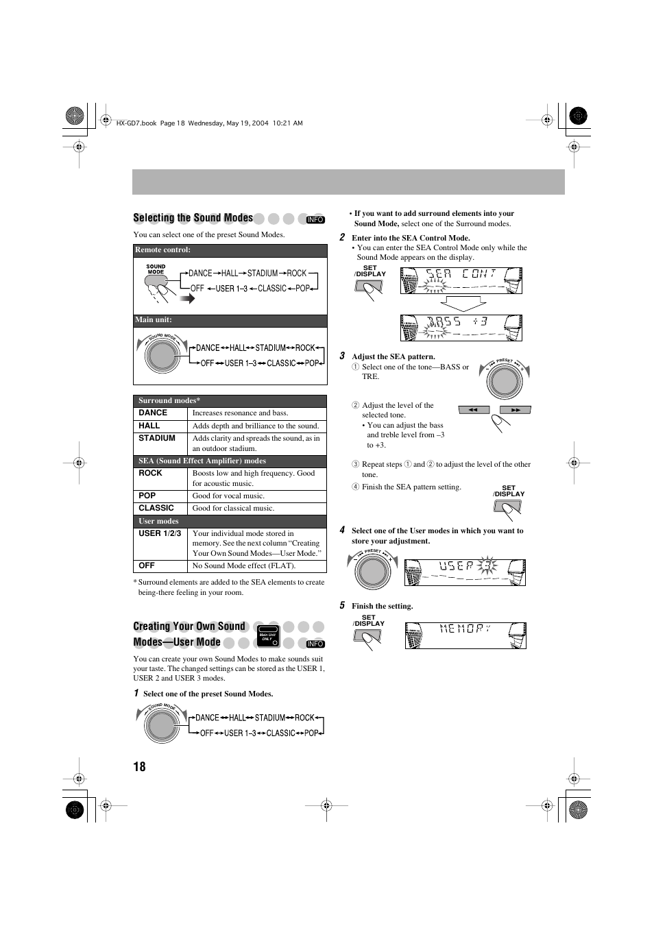 Selecting the sound modes, Creating your own sound modes—user mode | JVC HX-GD7 User Manual | Page 22 / 60