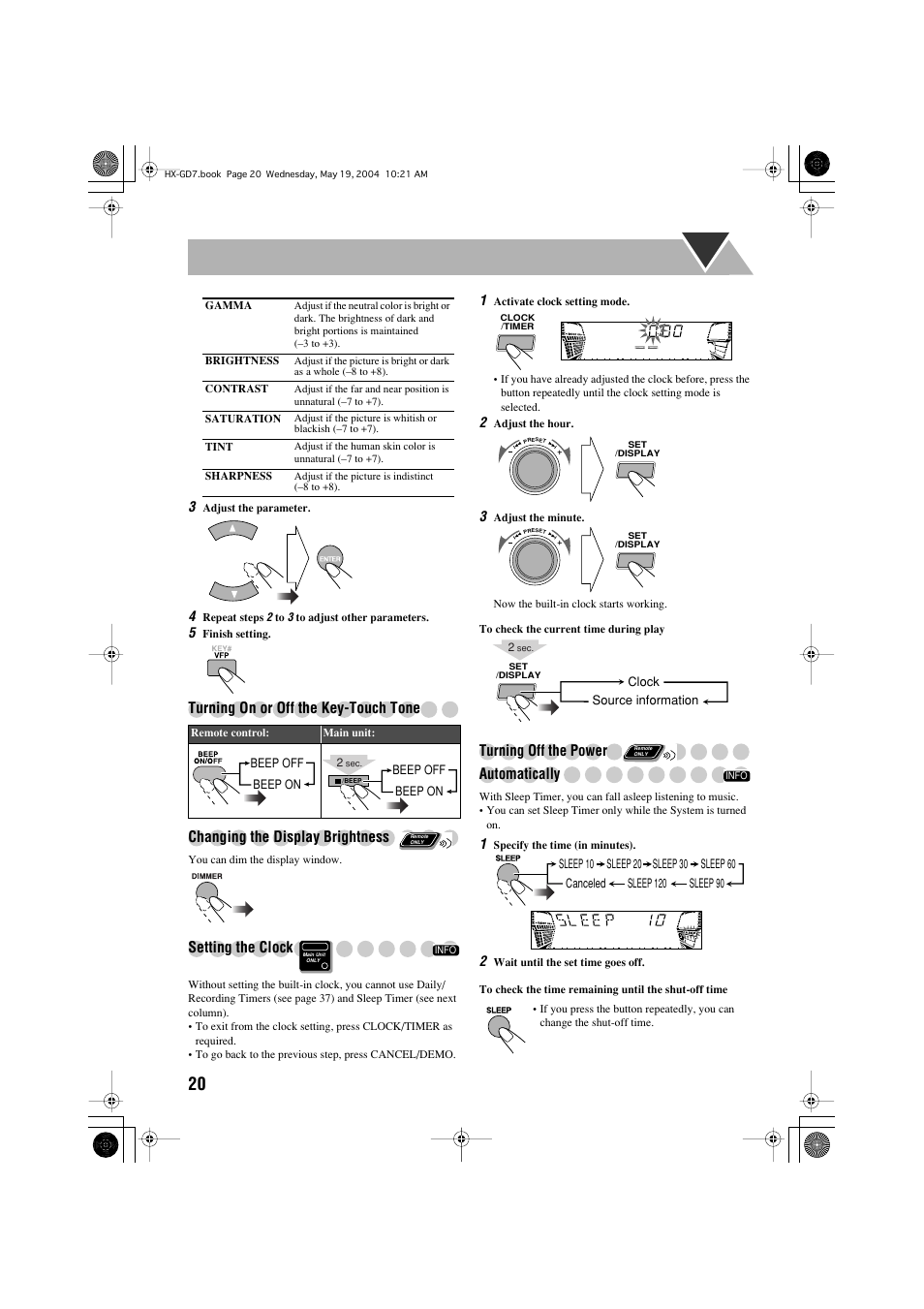 Setting the clock, Turning off the power, Automatically | JVC HX-GD7 User Manual | Page 24 / 60