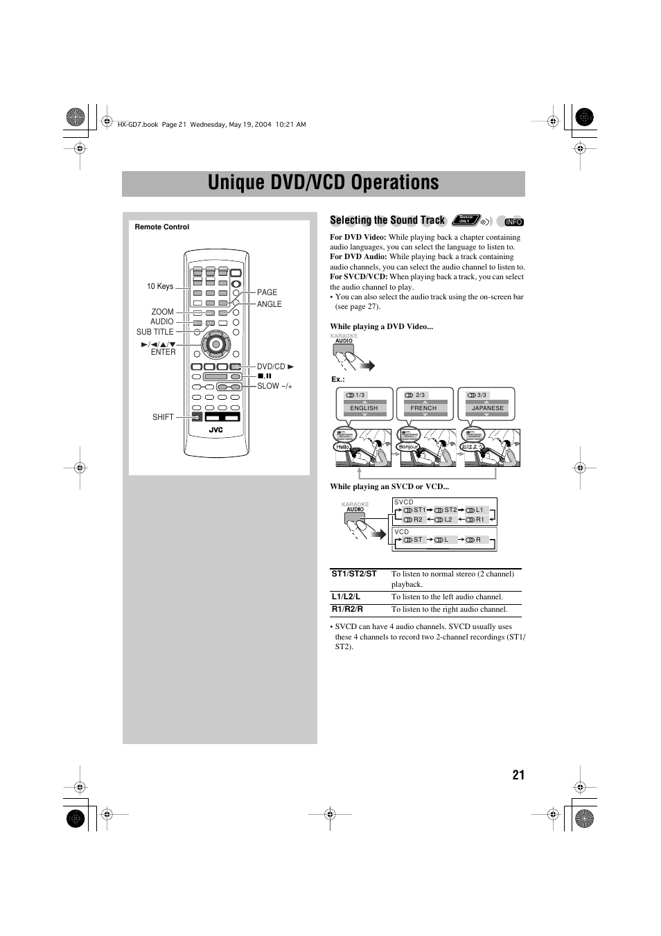 Unique dvd/vcd operations, Selecting the sound track | JVC HX-GD7 User Manual | Page 25 / 60