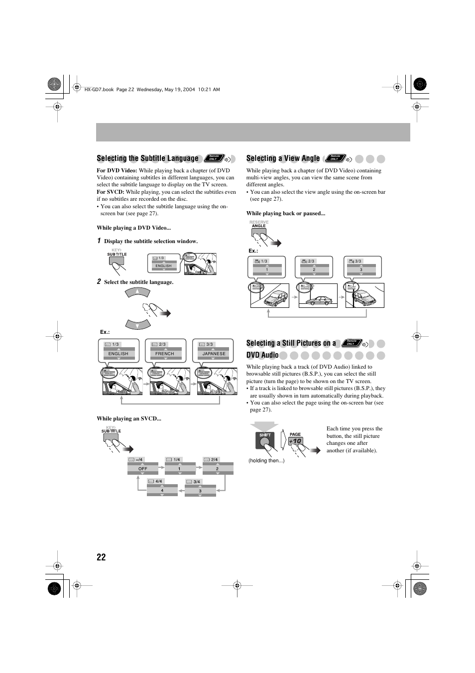 Selecting the subtitle language, Selecting a view angle, Selecting a still pictures on a | Dvd audio | JVC HX-GD7 User Manual | Page 26 / 60