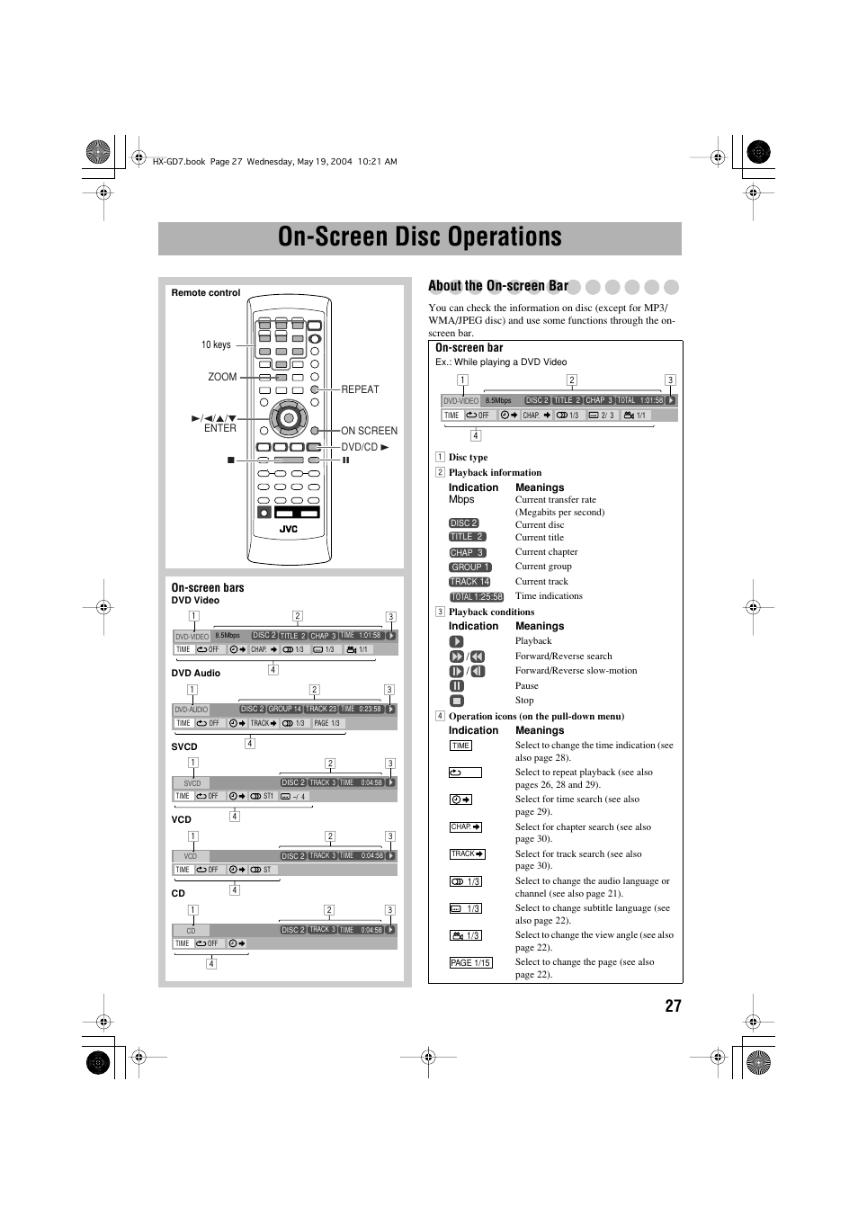 On-screen disc operations, About the on-screen bar | JVC HX-GD7 User Manual | Page 31 / 60