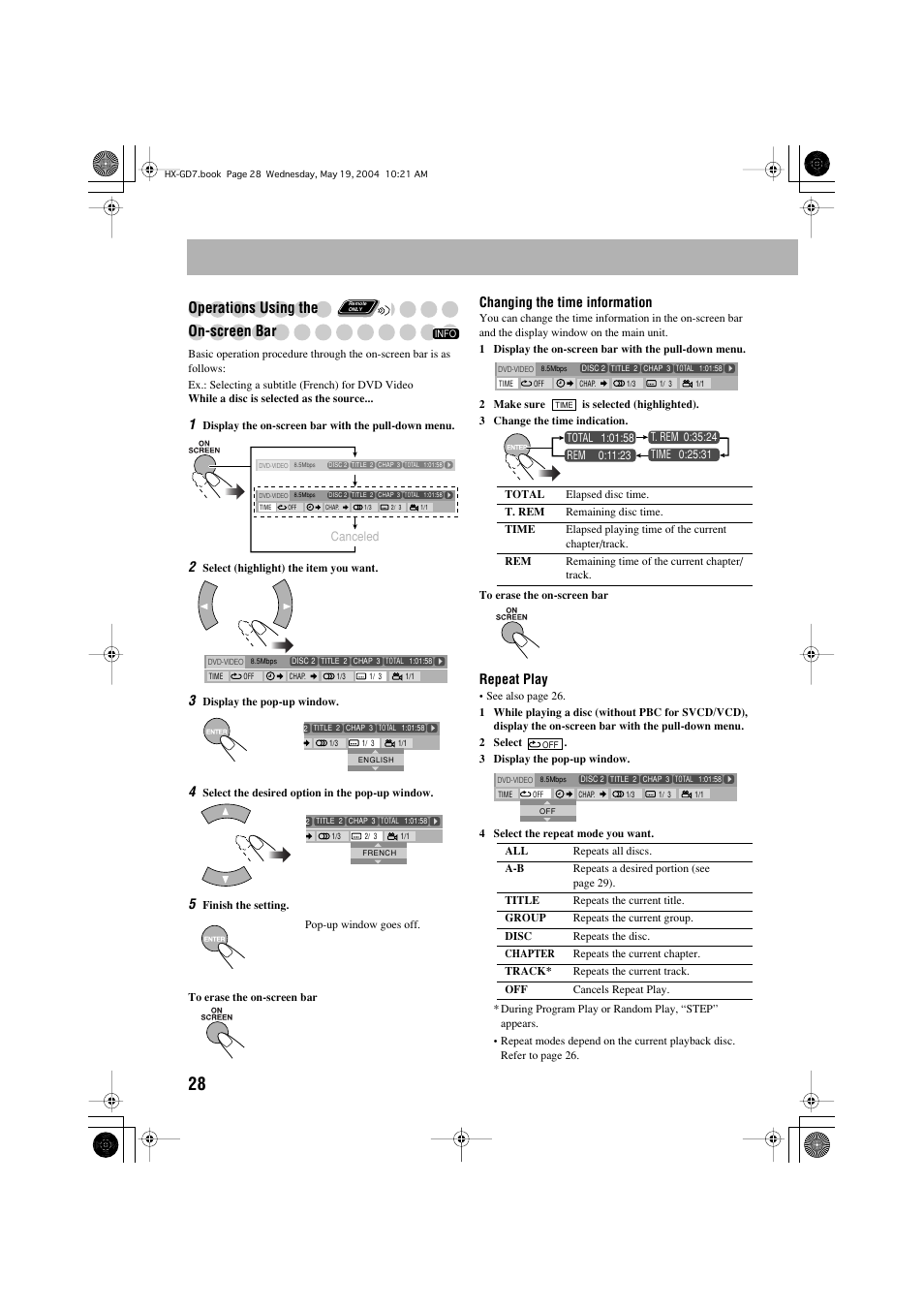 Operations using the, On-screen bar, Changing the time information | Repeat play | JVC HX-GD7 User Manual | Page 32 / 60