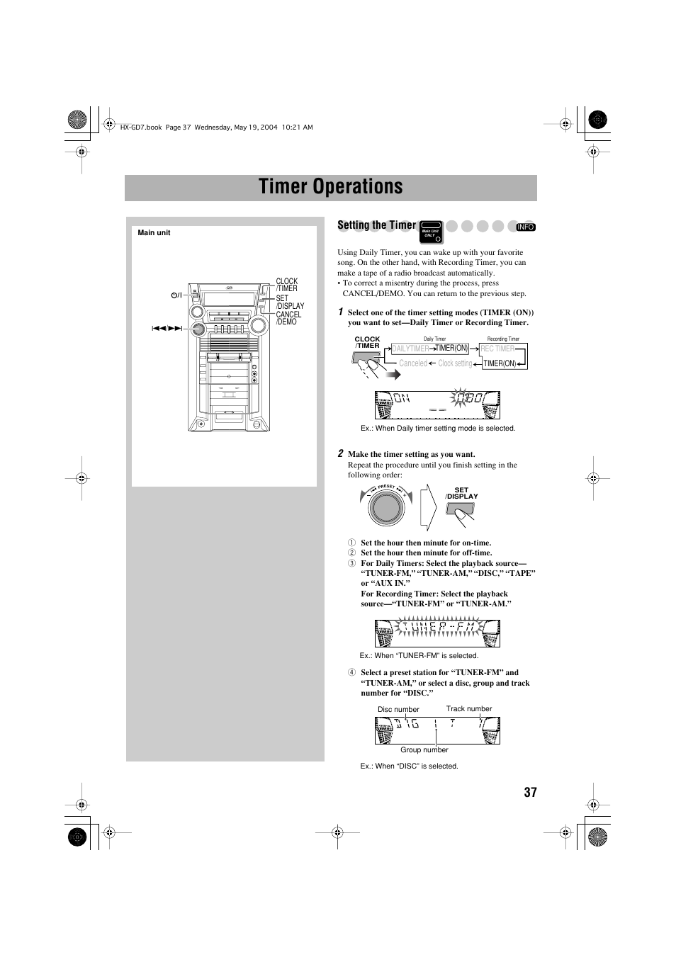 Timer operations, Setting the timer | JVC HX-GD7 User Manual | Page 41 / 60