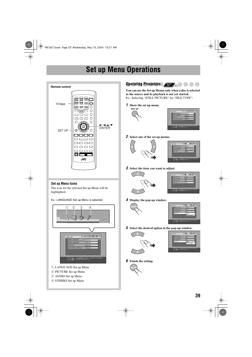Set up menu operations, Operating procedure, Set up menu icons | Show the set up menu, Select one of the set up menus, Select the item you want to adjust, Display the pop-up window, Select the desired option in the pop-up window, Finish the setting, 10 keys | JVC HX-GD7 User Manual | Page 43 / 60
