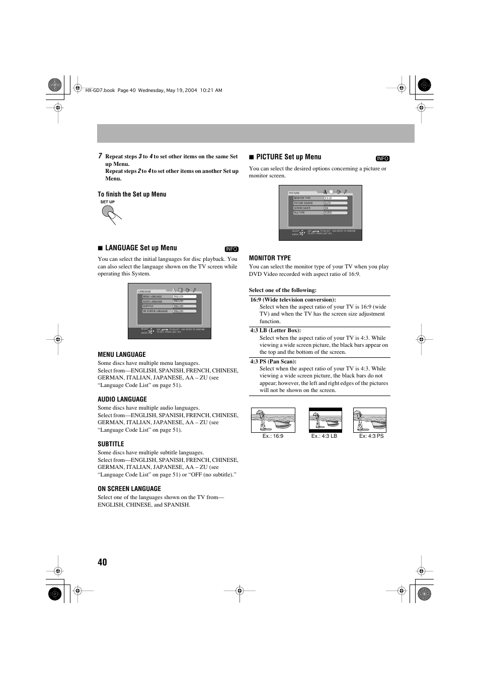 7language set up menu, 7picture set up menu | JVC HX-GD7 User Manual | Page 44 / 60