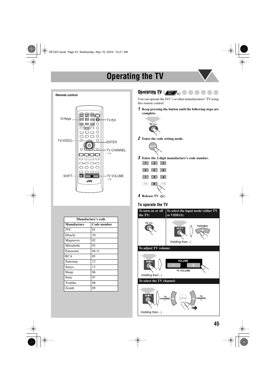 Operating the tv | JVC HX-GD7 User Manual | Page 49 / 60
