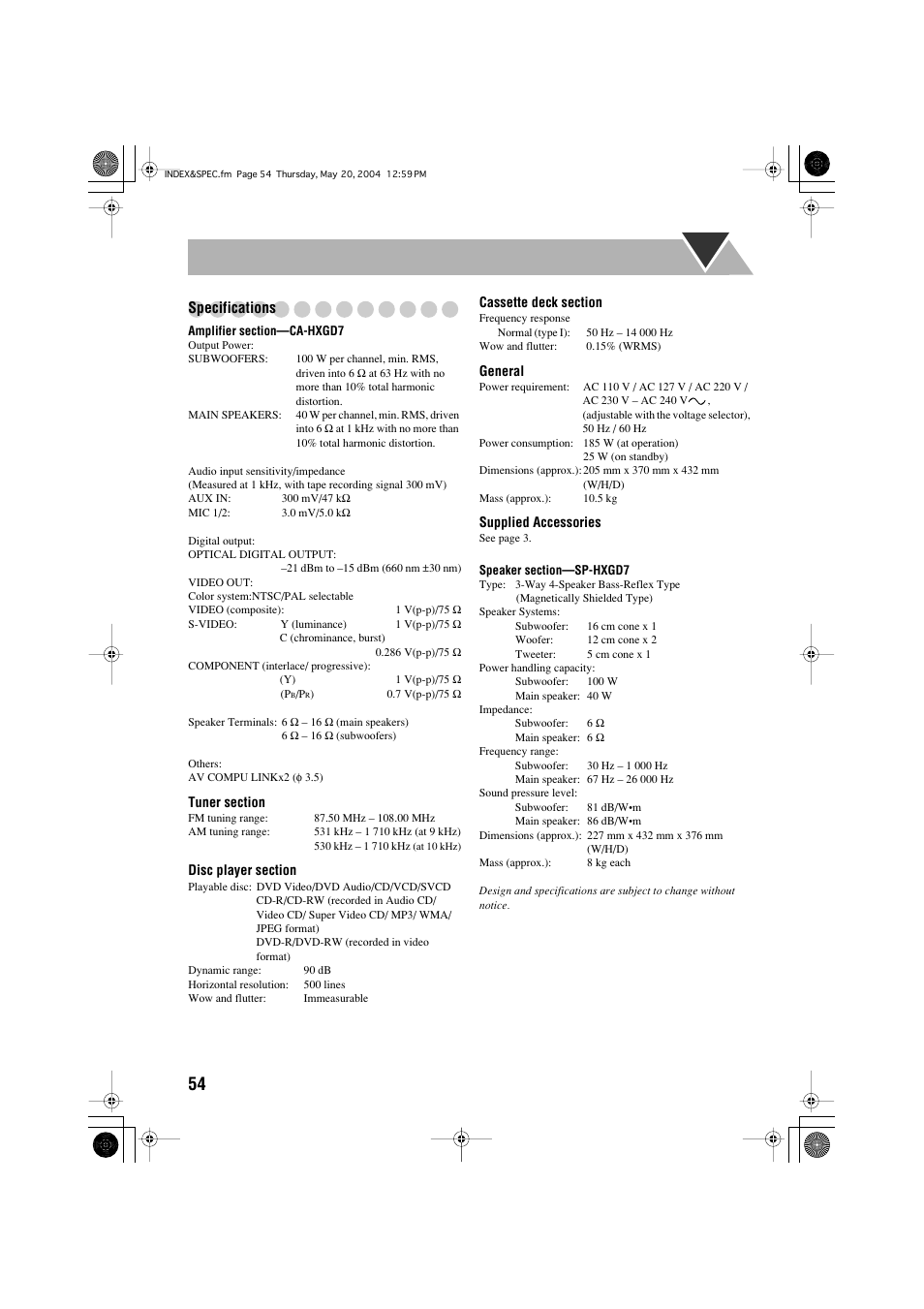 Specifications | JVC HX-GD7 User Manual | Page 58 / 60