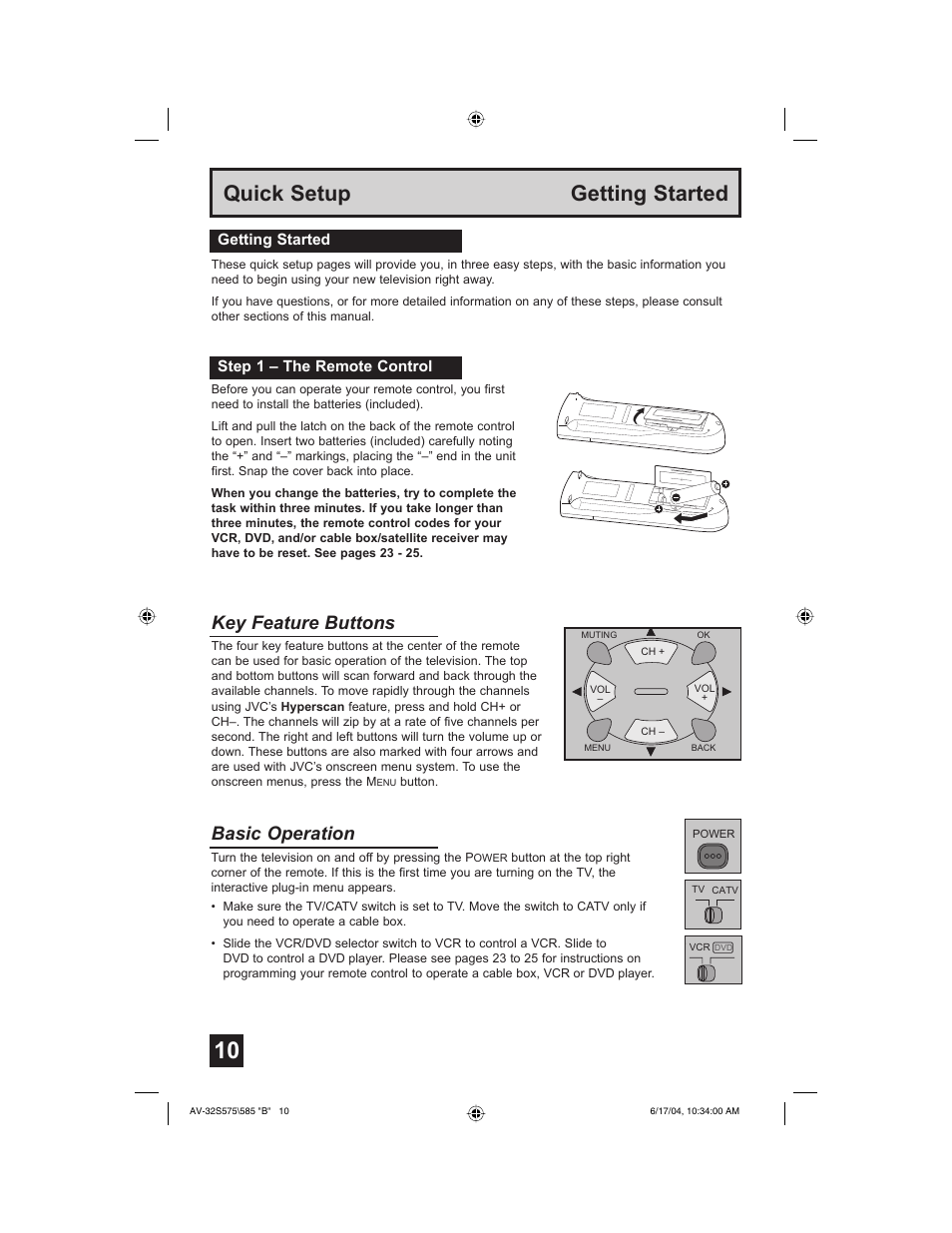 Quick setup getting started, Key feature buttons, Basic operation | JVC LCT1638-001B-A User Manual | Page 10 / 64