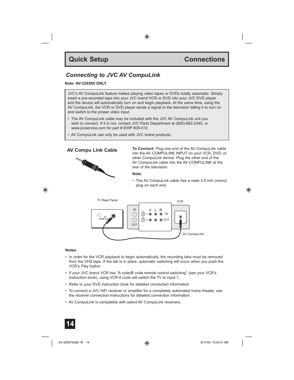 Quick setup connections, Connecting to jvc av compulink | JVC LCT1638-001B-A User Manual | Page 14 / 64