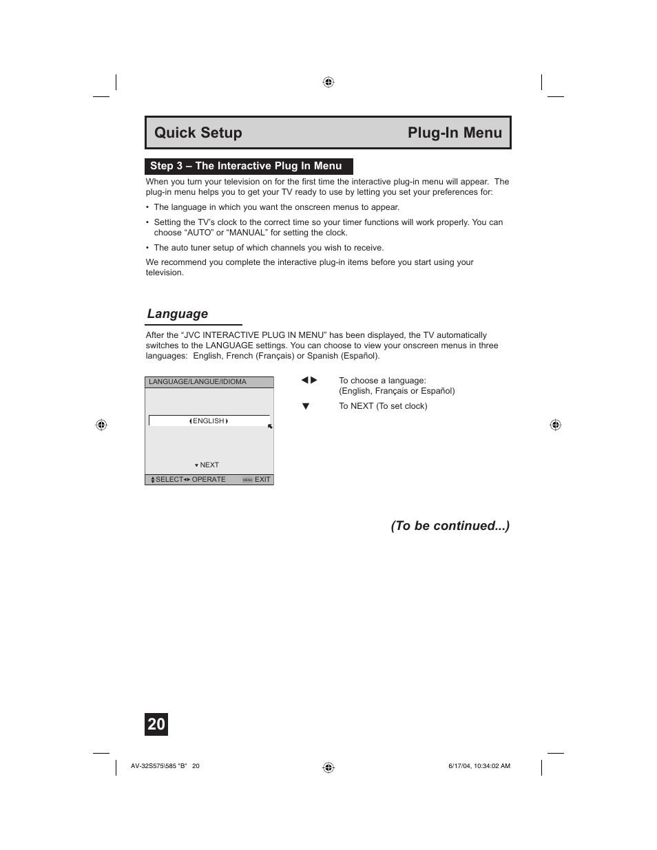 Quick setup plug-in menu, Language (to be continued...) | JVC LCT1638-001B-A User Manual | Page 20 / 64