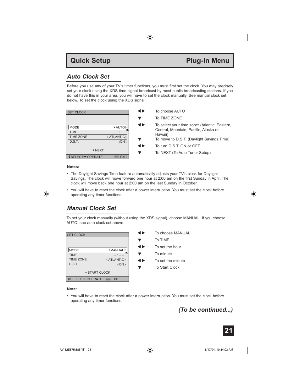 Quick setup plug-in menu, Manual clock set, Auto clock set (to be continued...) | JVC LCT1638-001B-A User Manual | Page 21 / 64