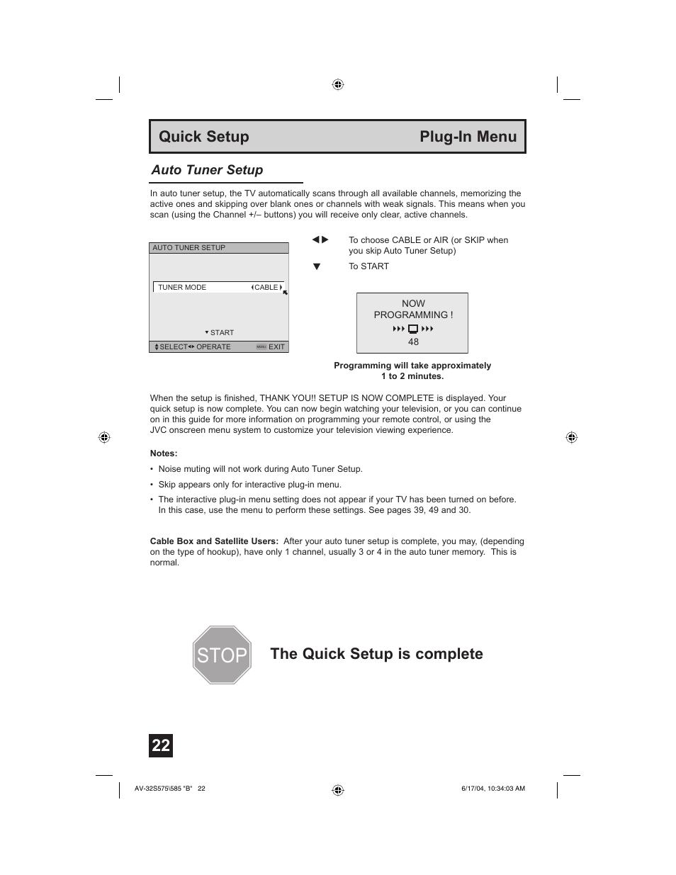 Stop, Quick setup plug-in menu, The quick setup is complete | Auto tuner setup | JVC LCT1638-001B-A User Manual | Page 22 / 64