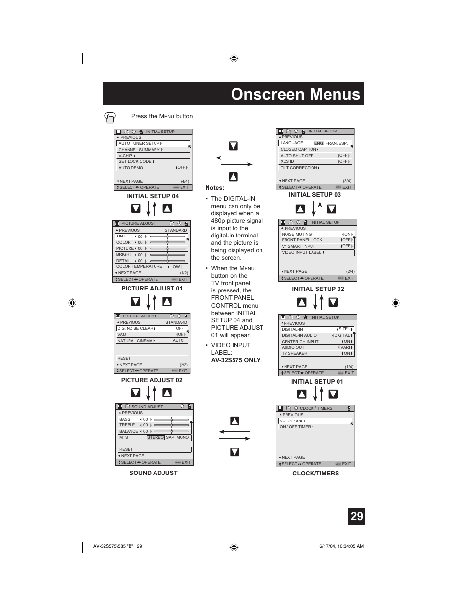 Onscreen menus, Picture adjust 02 initial setup 03 press the m, Button | Initial setup 02 initial setup 01, Initial setup 04 picture adjust 01, Clock/timers, Sound adjust | JVC LCT1638-001B-A User Manual | Page 29 / 64