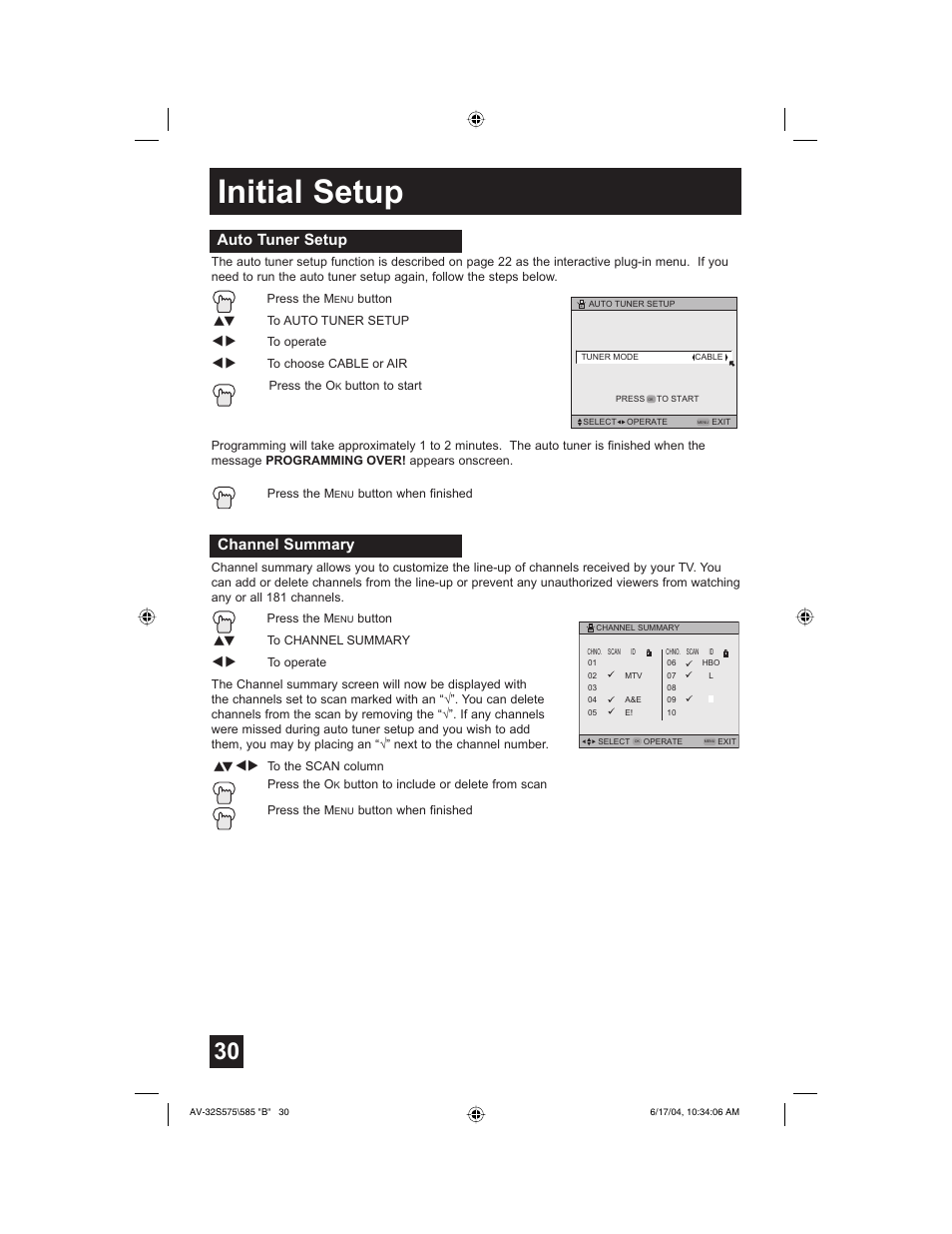 Initial setup, Auto tuner setup, Channel summary | JVC LCT1638-001B-A User Manual | Page 30 / 64