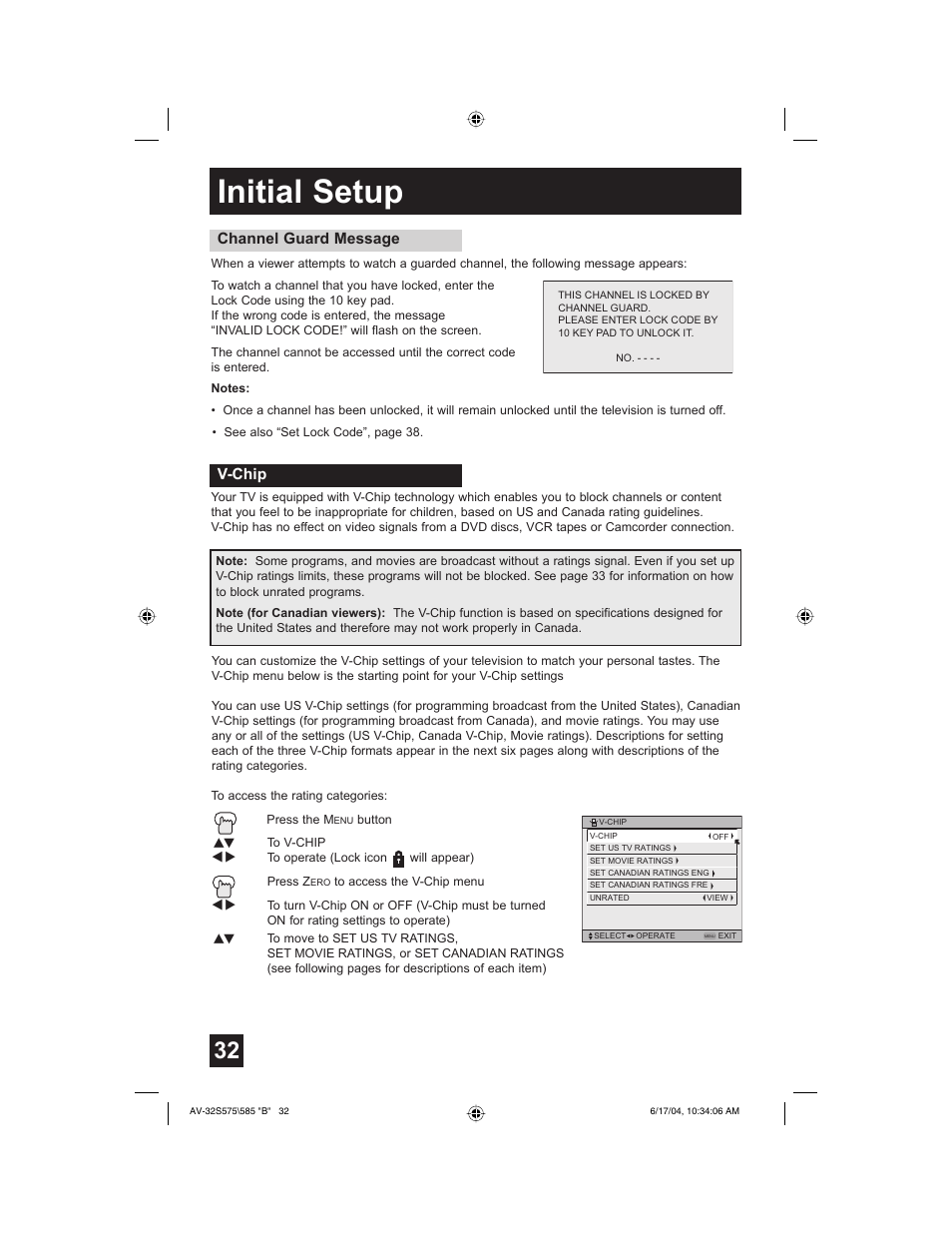 Initial setup, Channel guard message, V-chip | JVC LCT1638-001B-A User Manual | Page 32 / 64