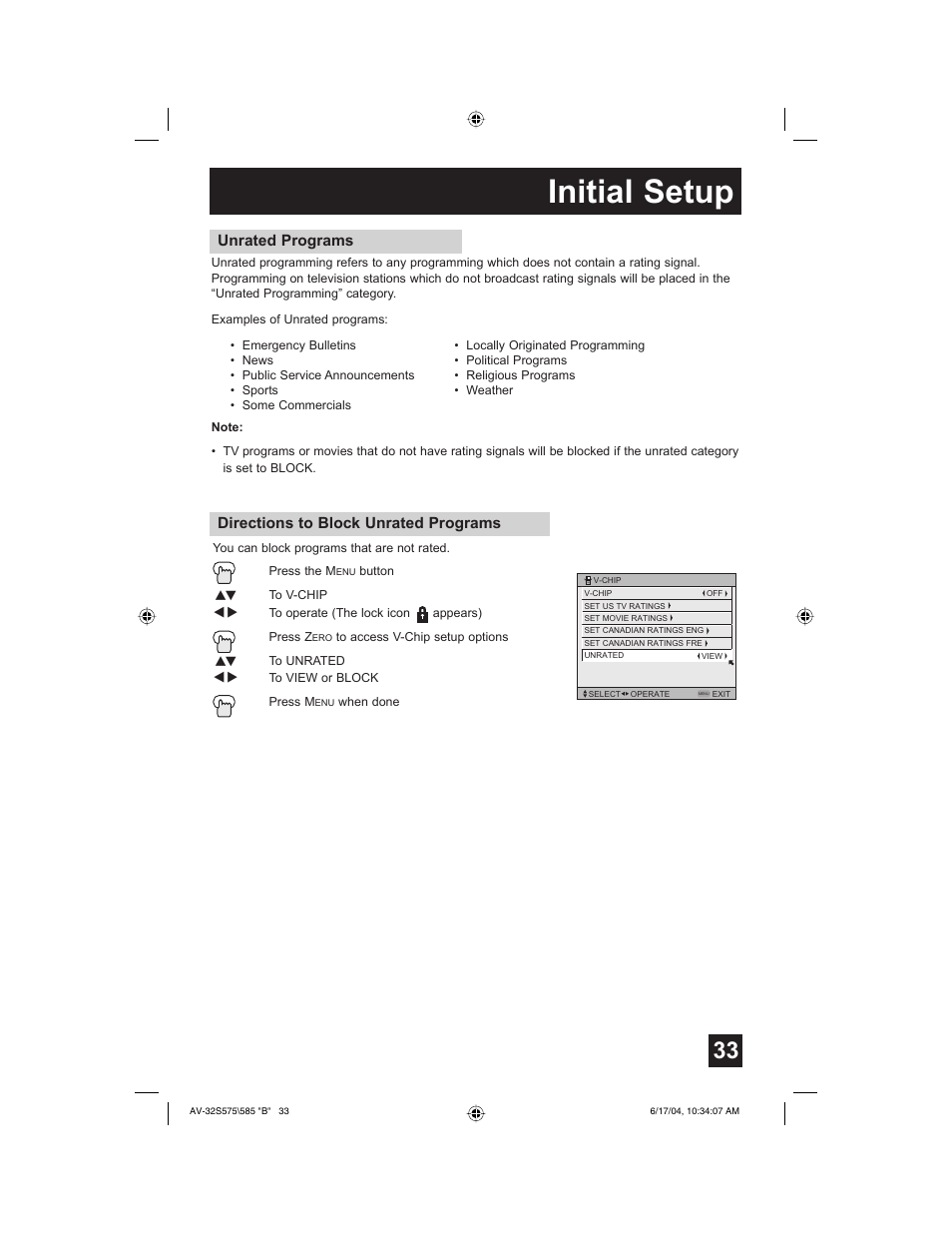 Initial setup, Directions to block unrated programs, Unrated programs | JVC LCT1638-001B-A User Manual | Page 33 / 64